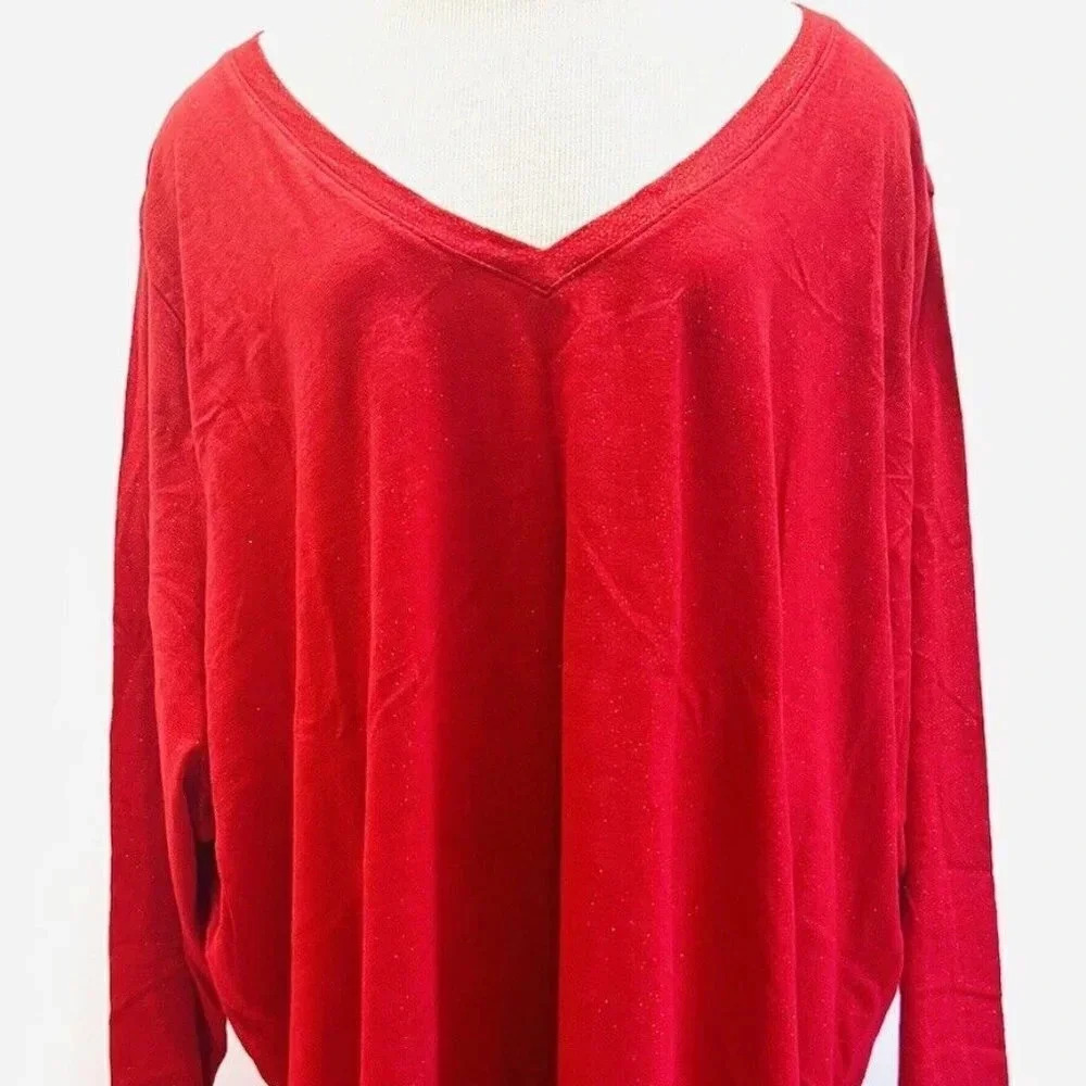 NWT SONOMA Women Long Sleeve Pull Over V-Neck 100% Cotton Sparkles Red Shirt 4X